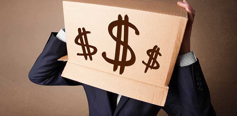 Man in Suit With Box On Head Dollar Signs Feature