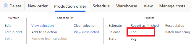 Ending a Production Order in D365 - Select End on the production order form