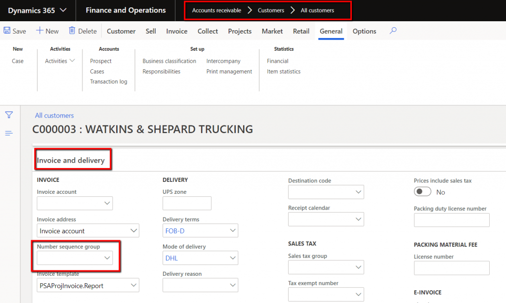 Associating the invoice number sequence with a customer