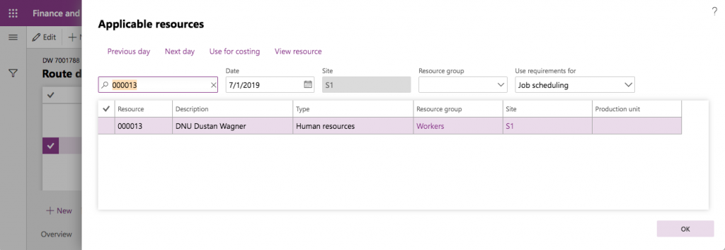 Viewing applicable resources after set-up in D365 F&O (step 7)