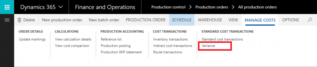 Ending a Production Order in D365 - Viewing variances on the production order