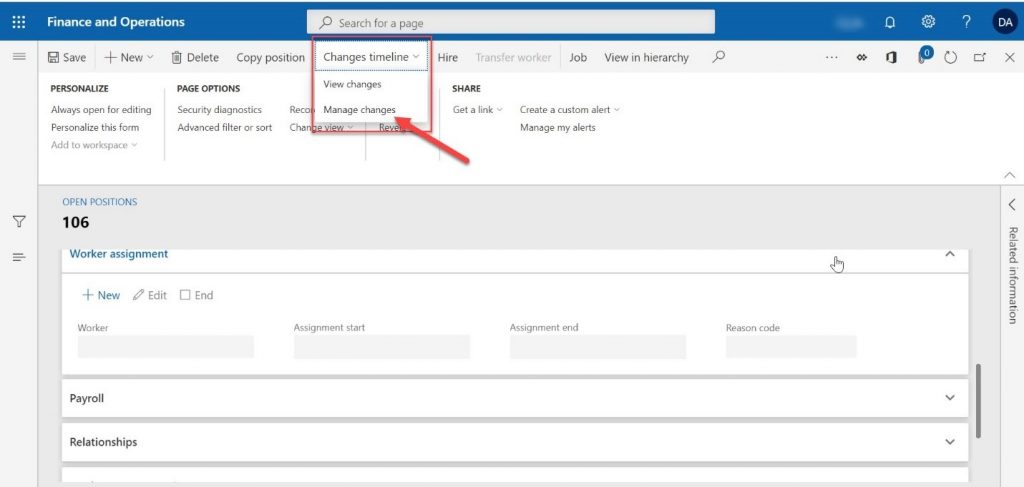 Delete Positions in D365 F&O - set-up through "changes timeline"