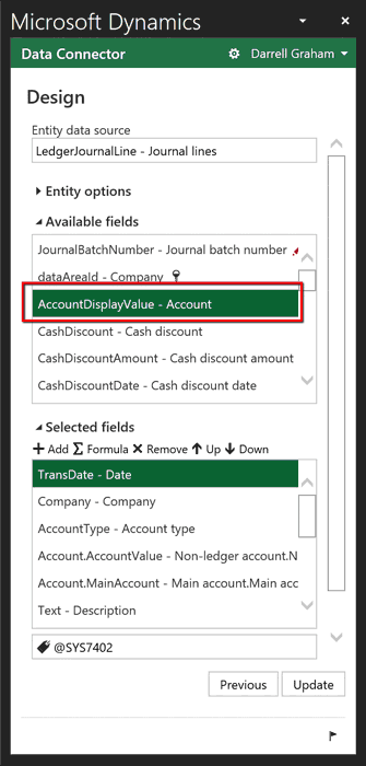 Dynamics 365 for Finance and Operations Excel Design Account Display Value Screenshot