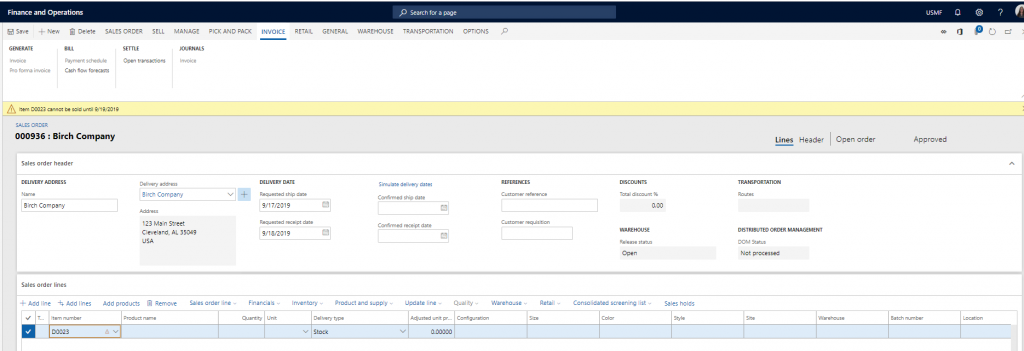 D365 F&O Item Sell Start and End Date - entering an order before sell date error message