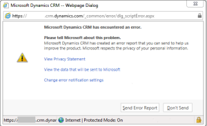 Dynamics CRM Error Message Troubleshooting Error Report Dialog