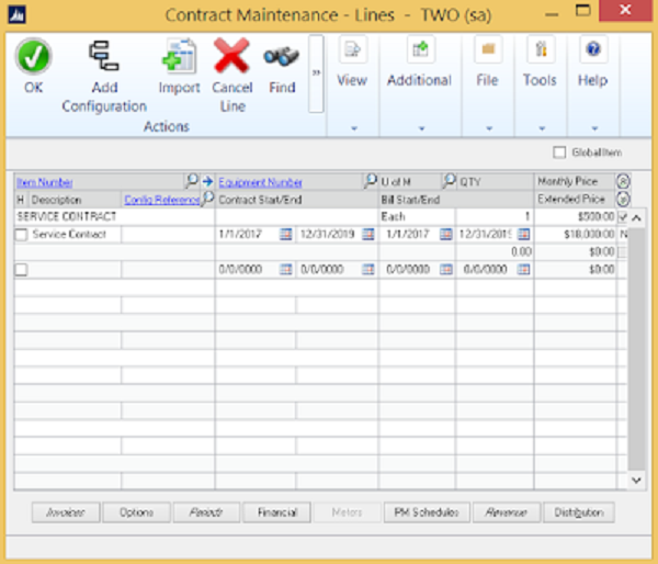 Dynamics GP Contract Maintenance Lines Contract Administration