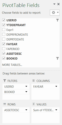 Dynamics GP Fixed Assets Depreciation Projection Query and SmartList -Pivot Table Fields Screenshot