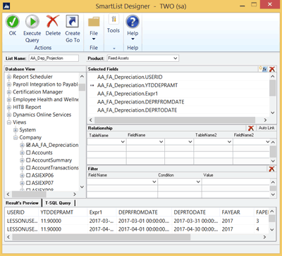 Dynamics GP Fixed Assets Depreciation Projection Query and SmartList Designer Screenshot