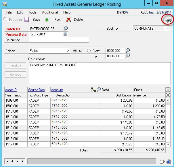 Fixed Asset General Ledger Posting Print Screen