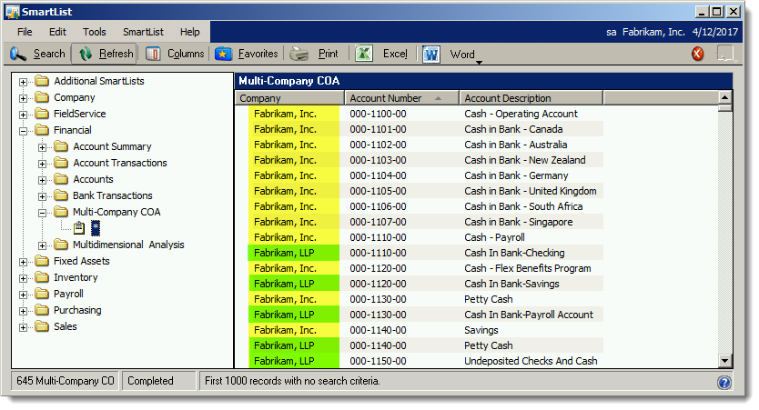 Screenshot of the finished product - a Multi-Company Smartlist within GP!