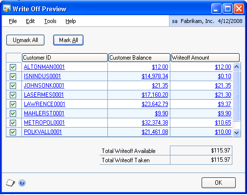 Dynamics GP Write-off Documents Preview