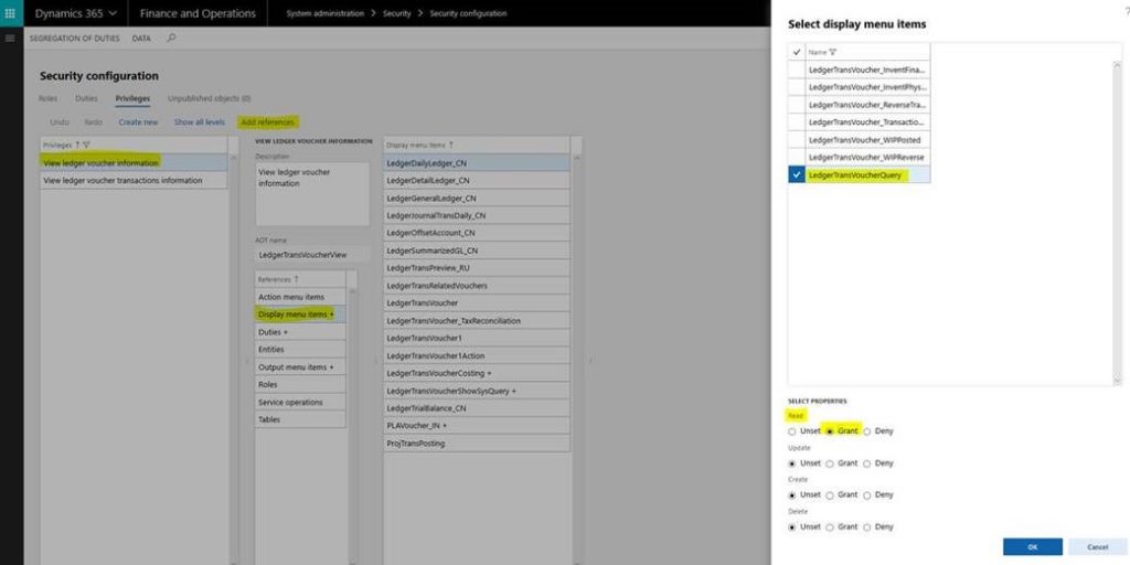 General Ledger Voucher Transaction Inquiry Access Issue - Navigating to the Security Configuration - Privileges screen - Properties