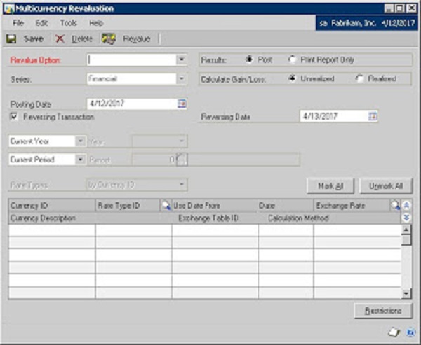Dynamics GL Account Currencies Revalue