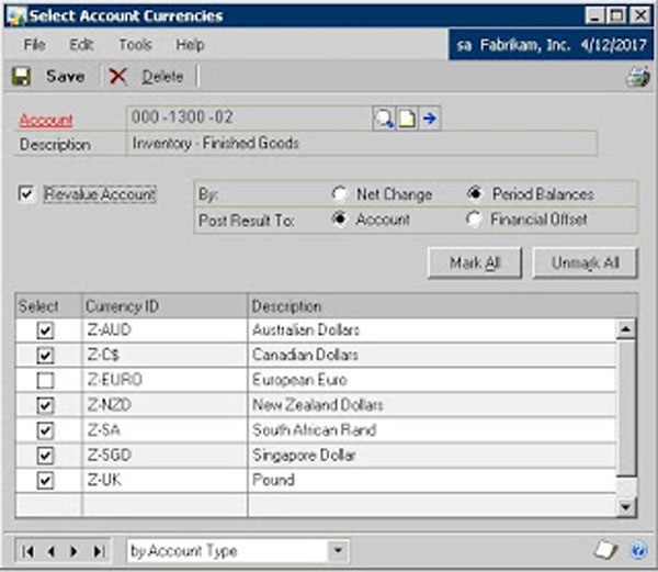 Dynamics GL Account Currencies