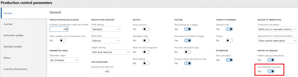 Physical Cost Amount of Manufactured Goods and WIP in D365 - Production control parameters