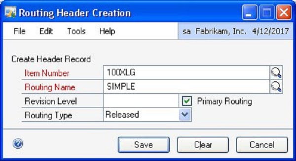 Routing Entry Header Creation Dynamics GP