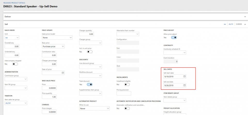 D365 F&O Item Sell Start and End Date - Released Product Details screen