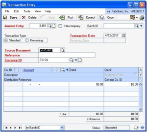 Transaction Entry Source Code field