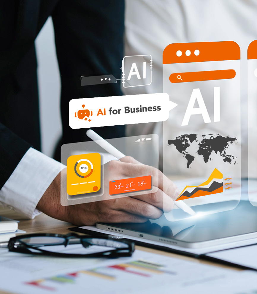 AI for Business Content. Image of hand with pen and tablet with overlay of  AI graphics and text.
