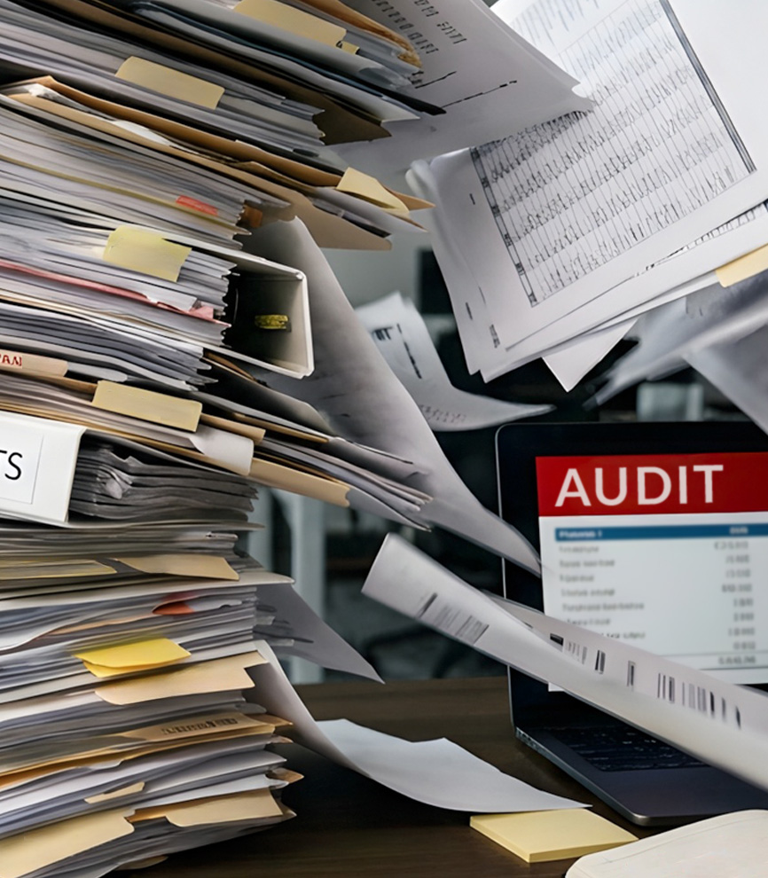 Audit - Image with stacked papers and files with Audit on a computer screen