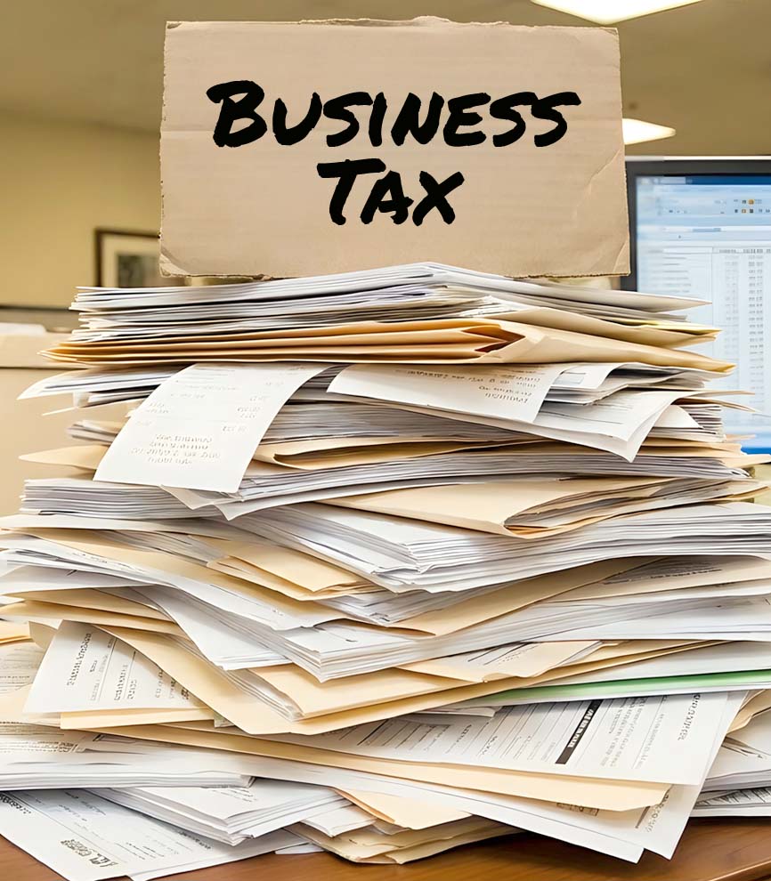 Image of files and cardboard box with Business Tax written on it. 