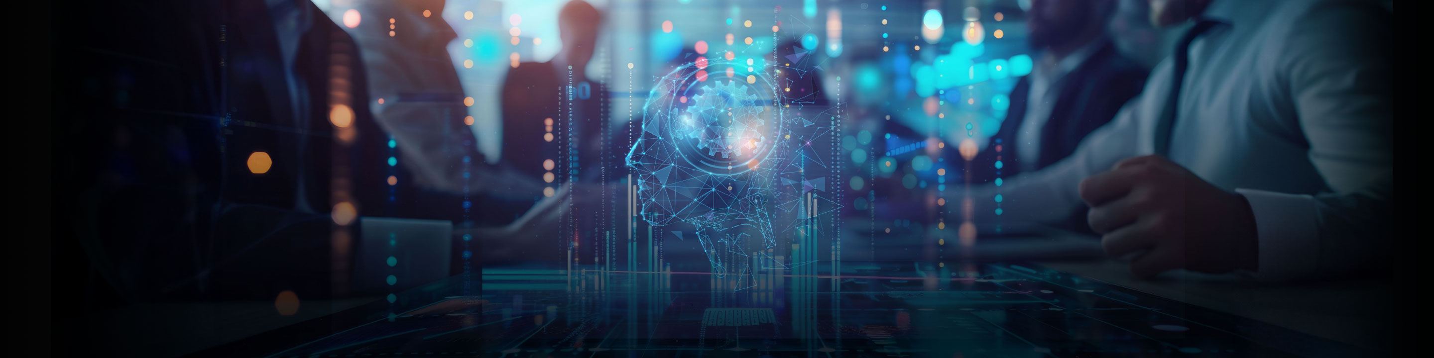 CFO Evolution 2.0 Image of man working with blue node outline of human-AI head.