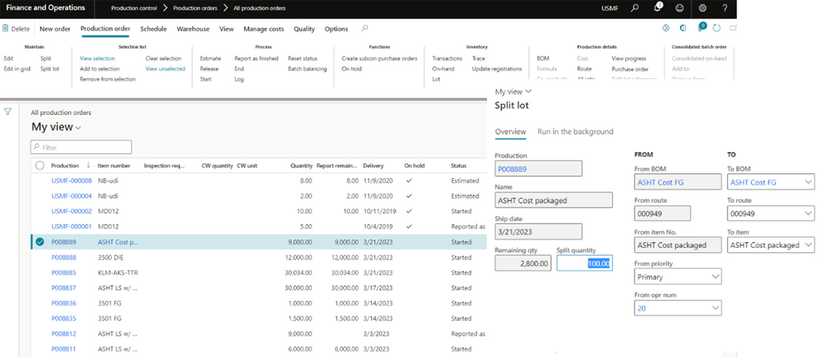 AppShelf Production Order Split Lot